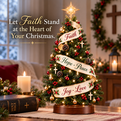 ✝️ Faith Woven Christmas Tree™ – Lighted Christian Christmas Tree with Faith, Hope, Peace, Joy & Love Ribbon 🎄✨