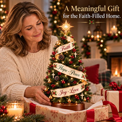 ✝️ Faith Woven Christmas Tree™ – Lighted Christian Christmas Tree with Faith, Hope, Peace, Joy & Love Ribbon 🎄✨