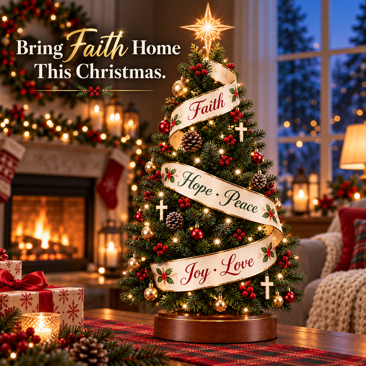 ✝️ Faith Woven Christmas Tree™ – Lighted Christian Christmas Tree with Faith, Hope, Peace, Joy & Love Ribbon 🎄✨