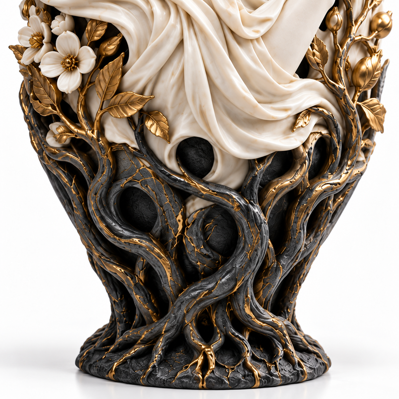 Greek goddess vase with symbolic red pomegranate detail