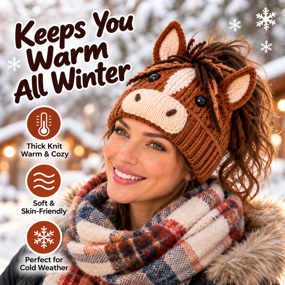 Horse ponytail beanie styled with winter scarf in snowy outdoor setting
