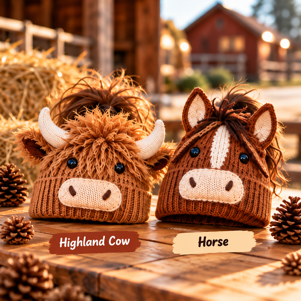 Highland Cow and Horse knitted ponytail hats displayed together