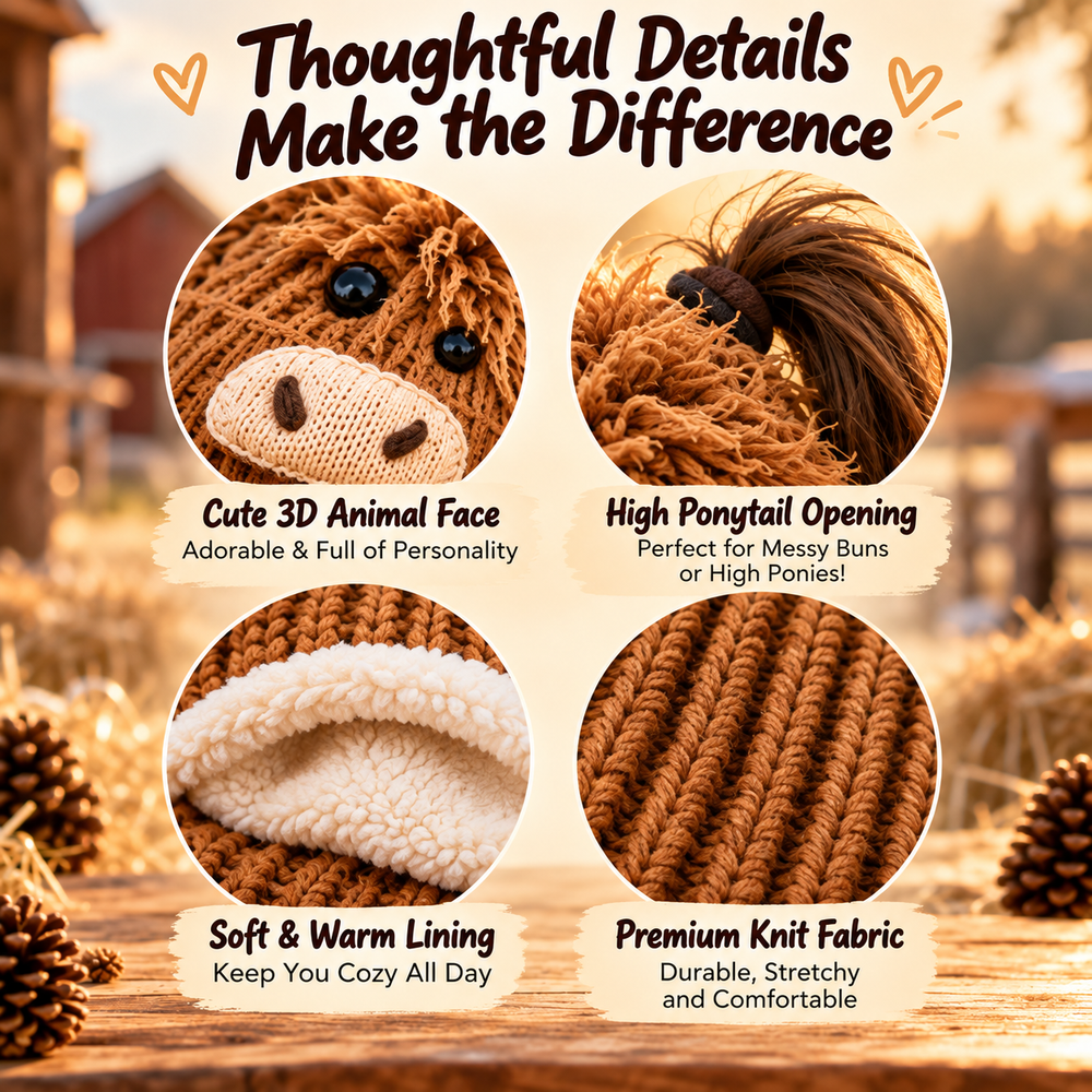 Detailed close-ups of the knitted animal face, ponytail opening and knit texture