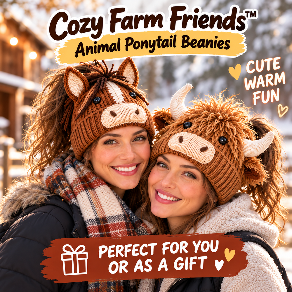 Cozy Farm Friends Highland Cow and Horse ponytail knit beanies worn by two women