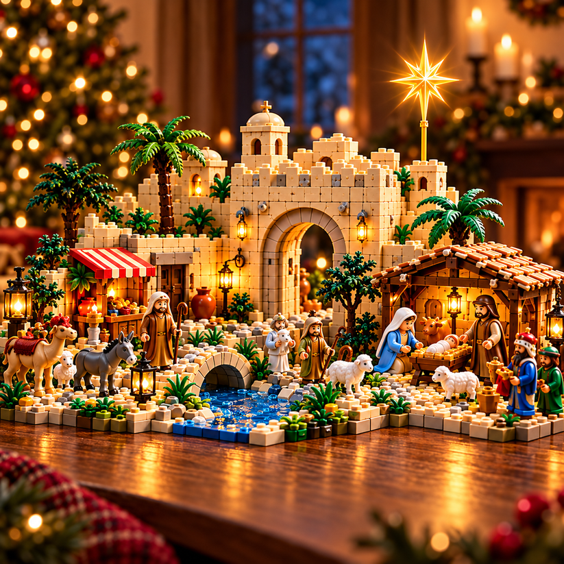 Completed Bethlehem Advent building set displayed in a Christmas living room