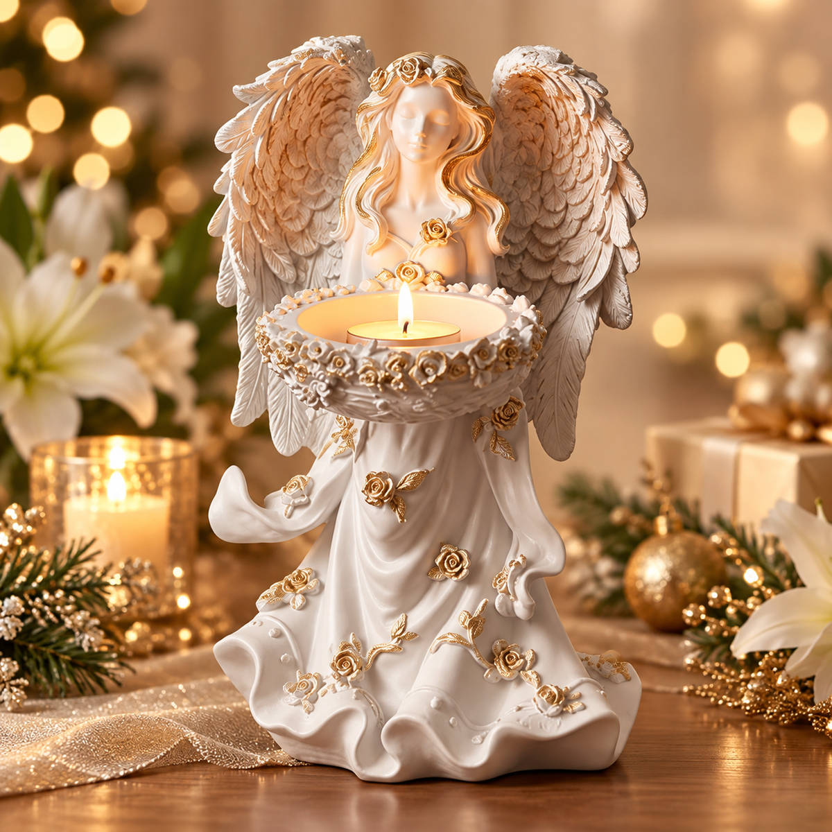🕊️ Angel’s Embrace™ – Elegant Winged Angel Candle Holder with Golden Floral Details