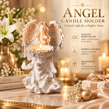 🕊️ Angel’s Embrace™ – Elegant Winged Angel Candle Holder with Golden Floral Details