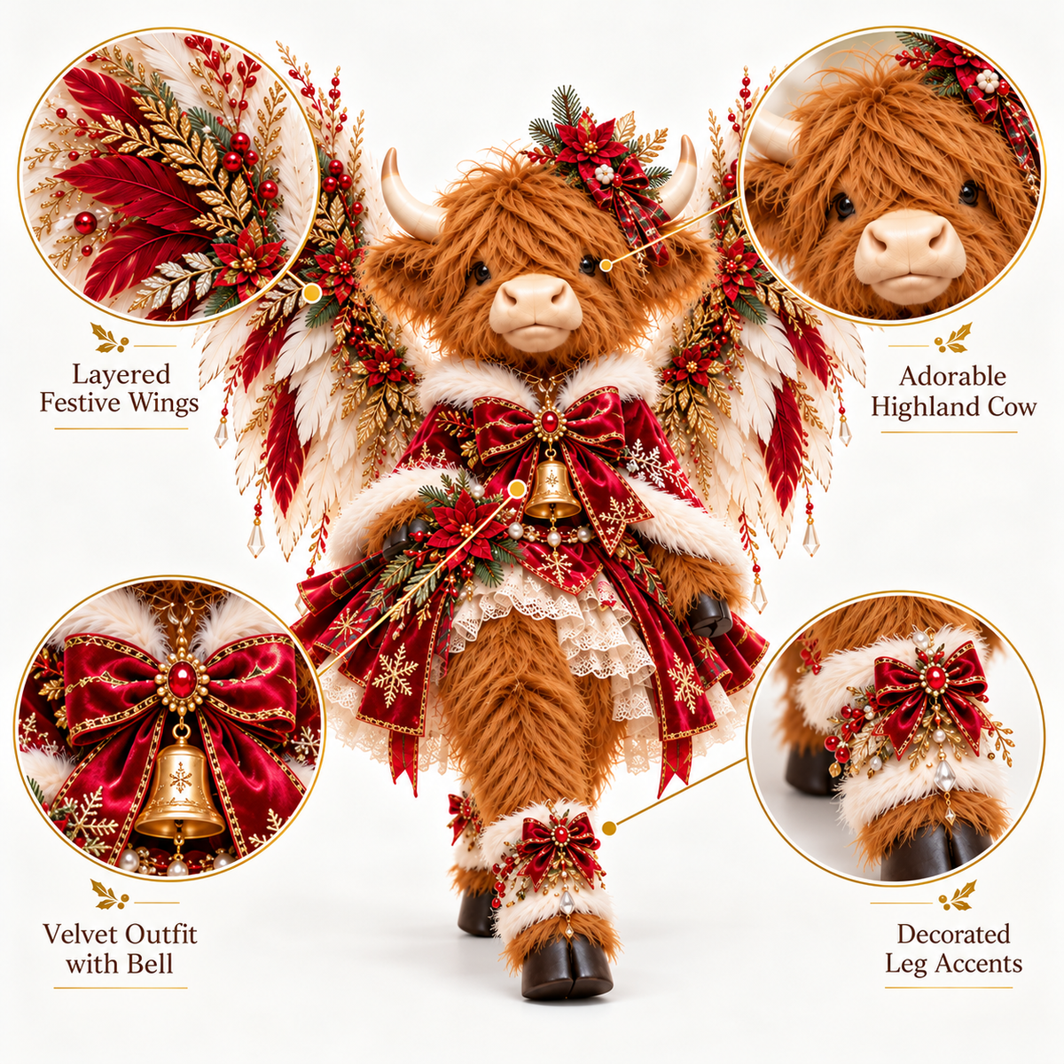 🎄🐮✨ Christmas Couture Highland Cow™ – Angel-Winged Highland Cow Figurine with Festive Red & Gold Outfit 🪽❤️ | Whimsical Christmas Home Decor & Gift 🎁