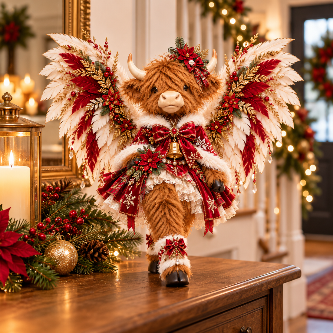 Highland cow Christmas runway-inspired display