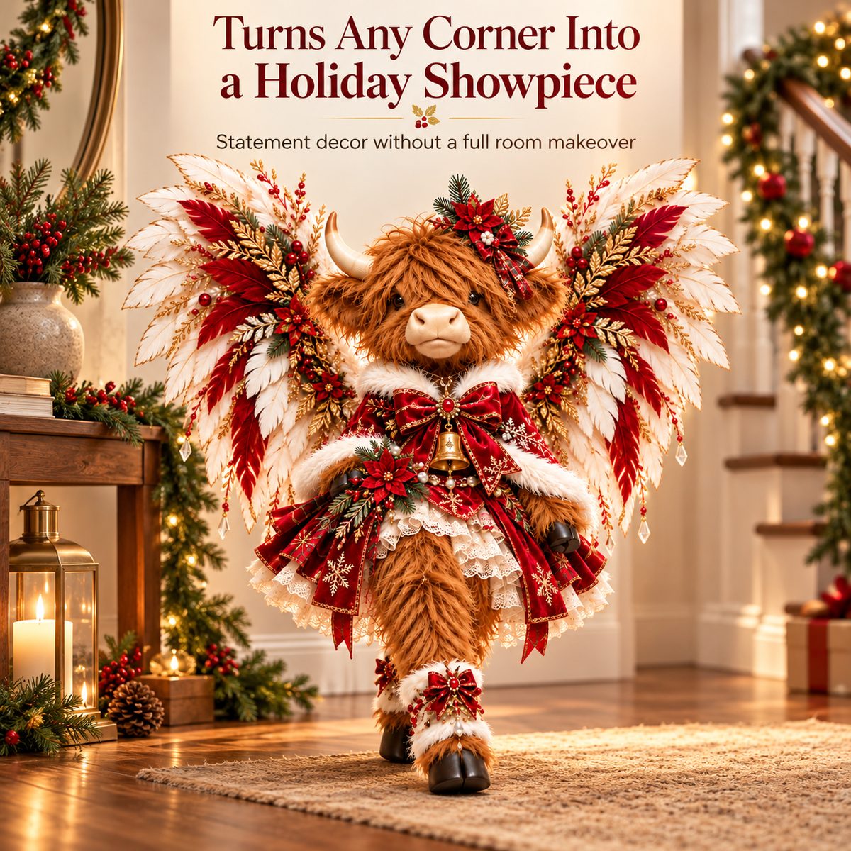 🎄🐮✨ Christmas Couture Highland Cow™ – Angel-Winged Highland Cow Figurine with Festive Red & Gold Outfit 🪽❤️ | Whimsical Christmas Home Decor & Gift 🎁
