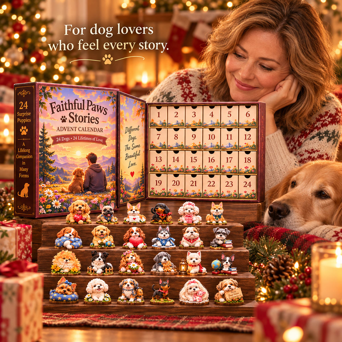 Woman and golden retriever beside the Faithful Paws Stories dog advent calendar