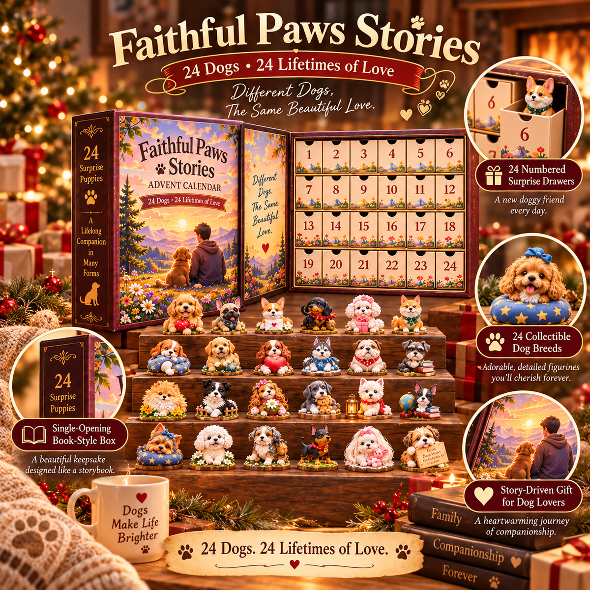 🐾 Faithful Paws Stories™ – 24 Dogs, One Forever Love ❤️ | 2026 Dog Figurine Advent Calendar – 24 Collectible Resin Puppies