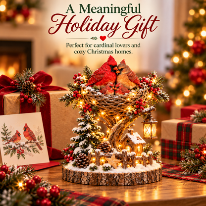 ❤️🐦 Cardinal Family Christmas Nest™ – Lighted Snowy Pine Tree with 4 Cardinals, Cozy Cottage & Lantern | Christmas Tabletop Decoration 🎄✨