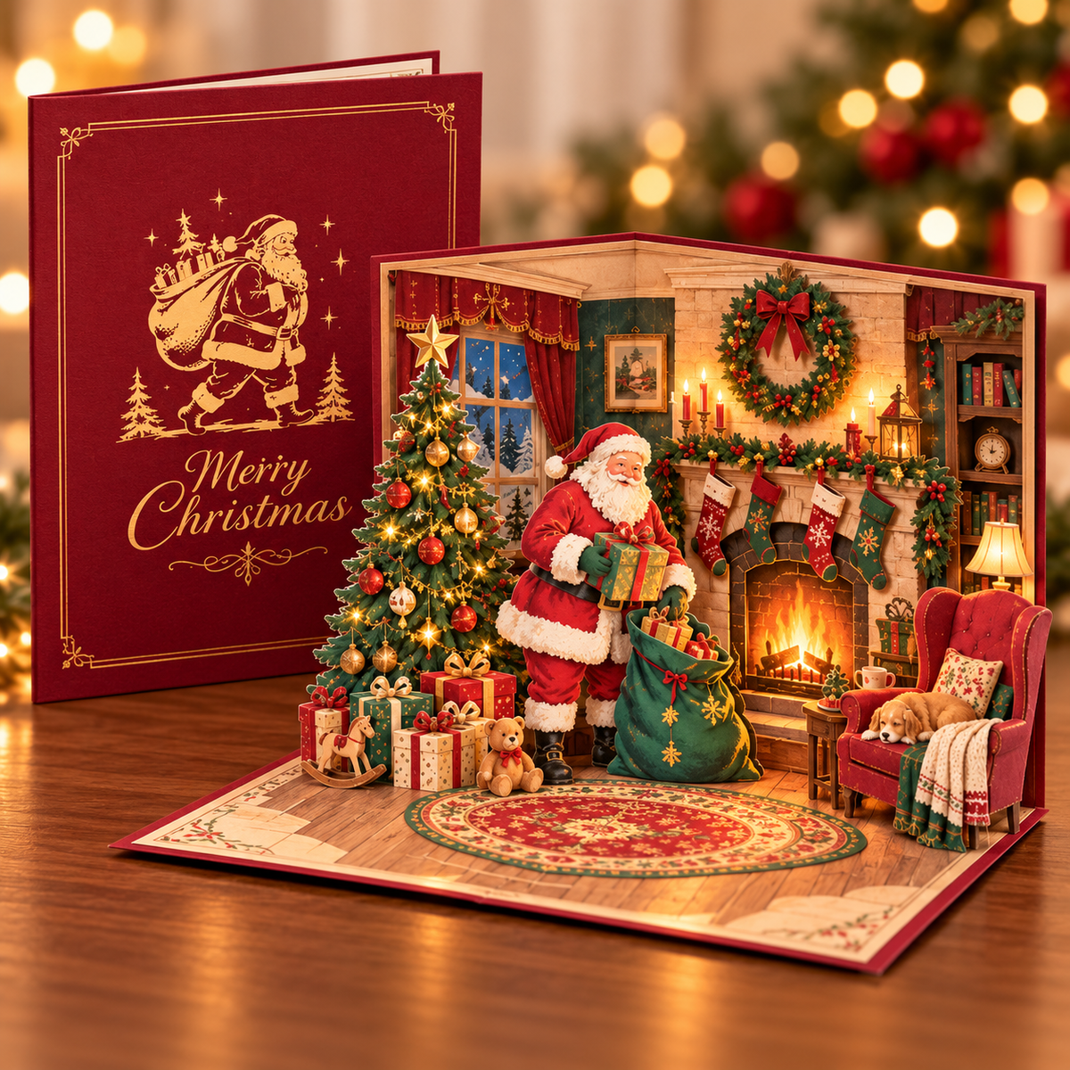 Cozy Santa fireplace pop-up Christmas card