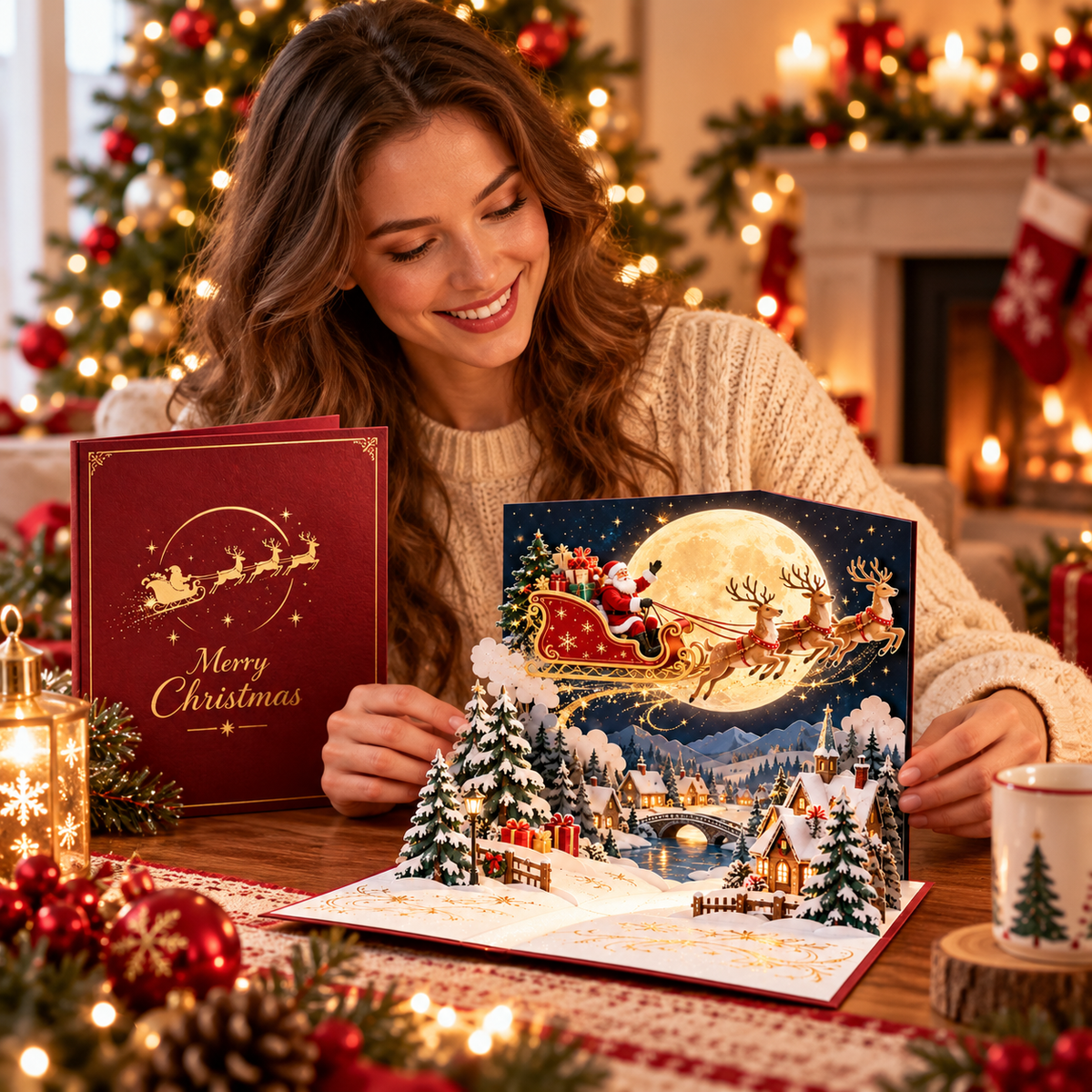 Woman enjoying Santa Christmas pop-up greeting card