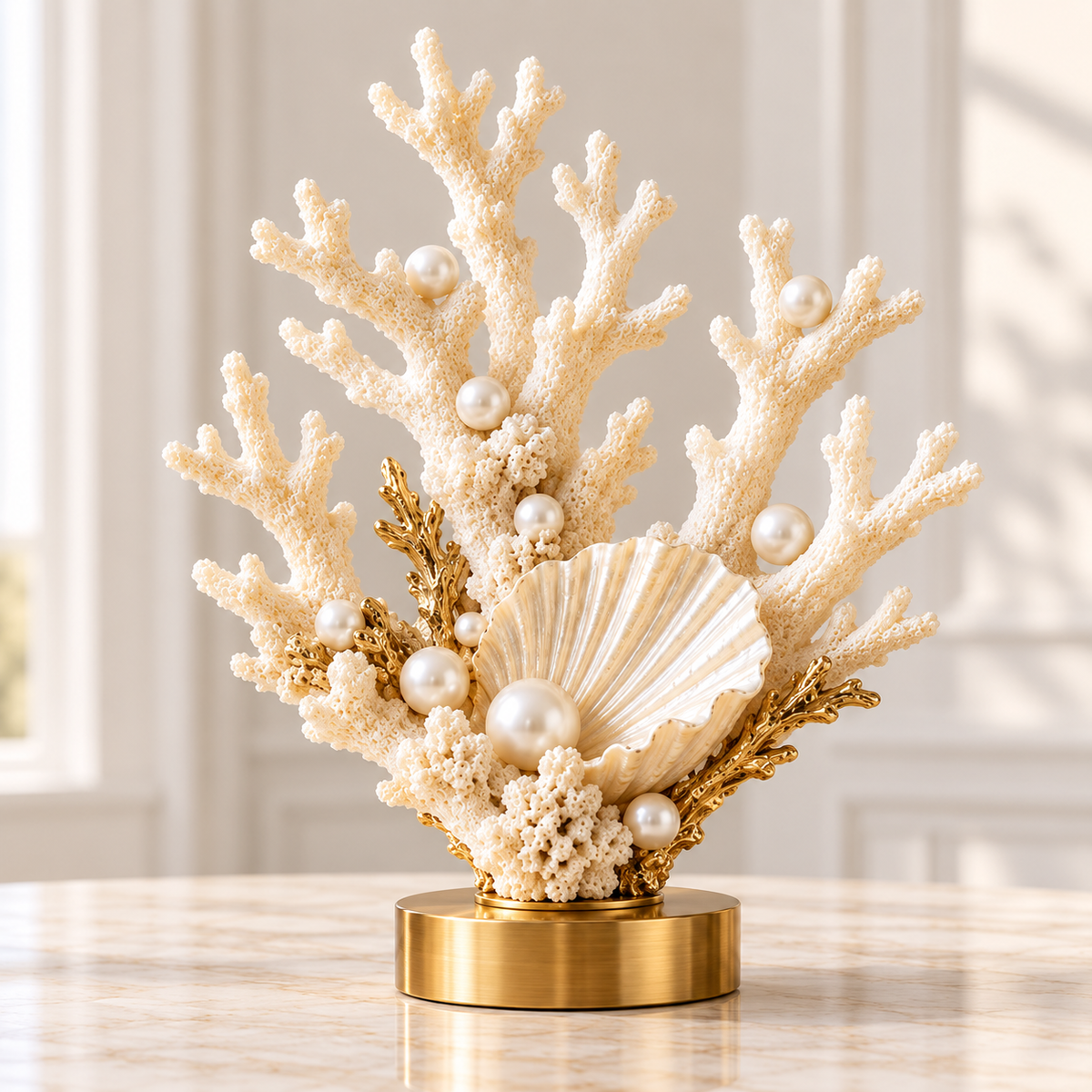 Elegant coral and seashell sculpture styled in a coastal interior