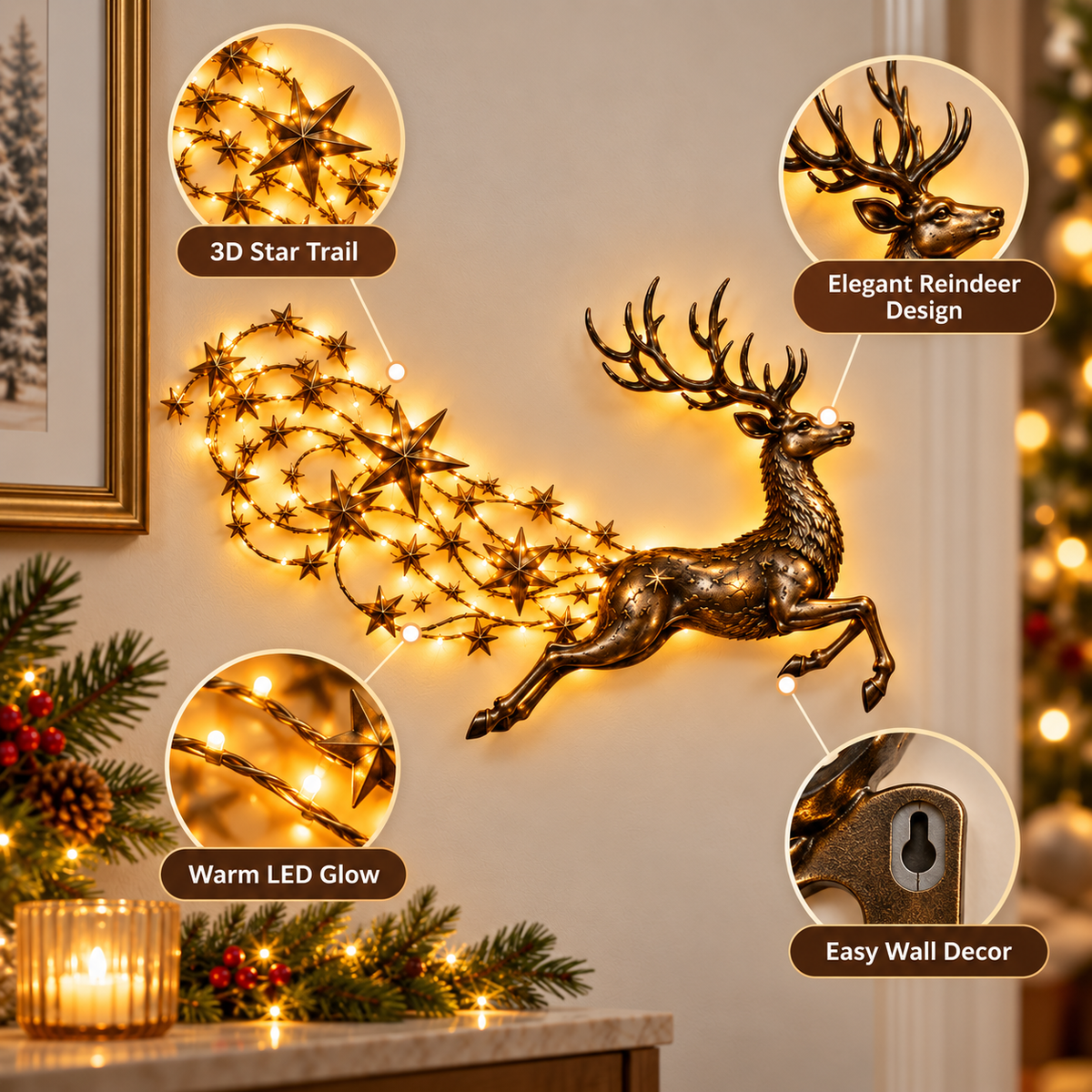 Close-up of the golden reindeer and glowing star trail