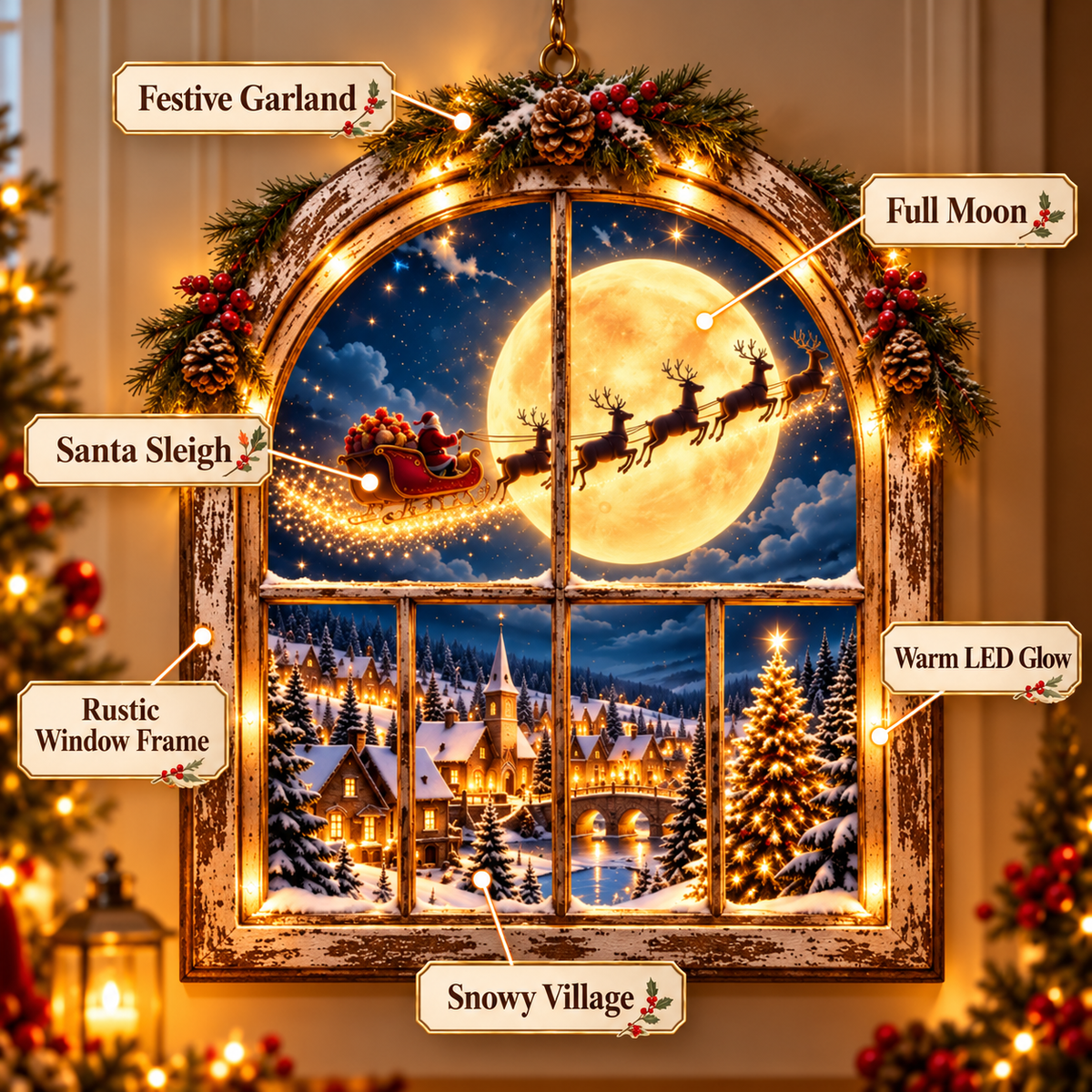 Details of the moon, Santa, village and Christmas tree