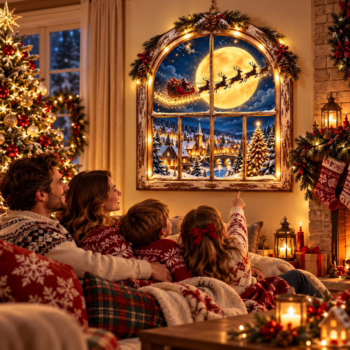 🎅 Santa’s Moonlit Christmas Window™ – Lighted Christmas Village Wall Decor
