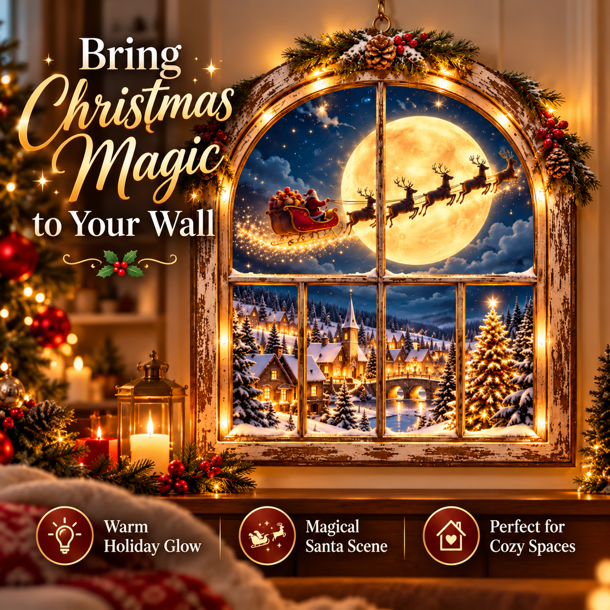 🎅 Santa’s Moonlit Christmas Window™ – Lighted Christmas Village Wall Decor