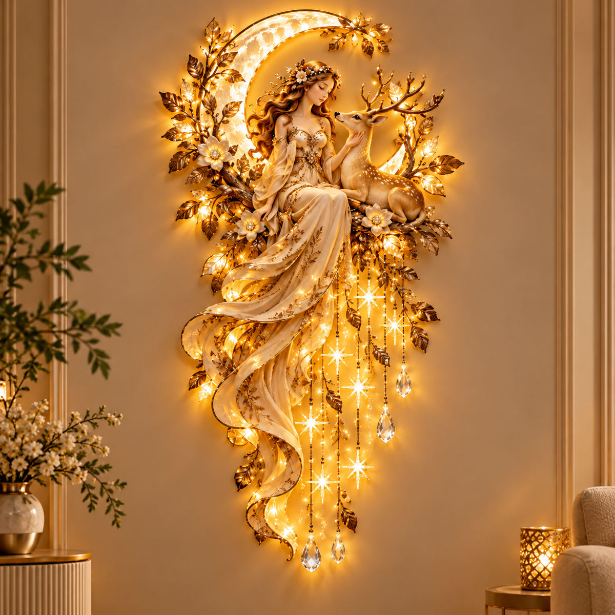 Limited-Time 60% OFF|🌙 Moonlit Goddess & Deer Glow™ – Magical Lighted Wall Art