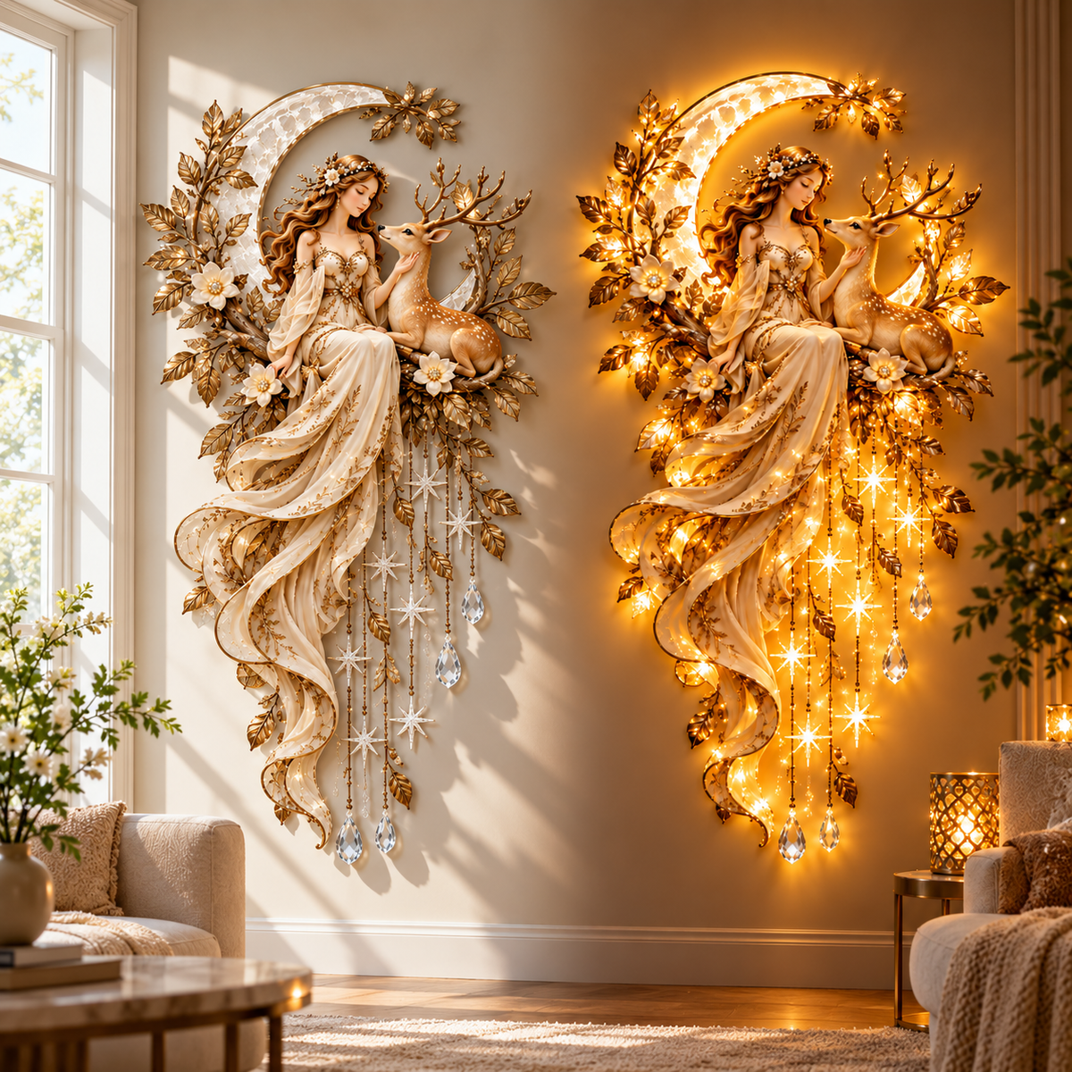Moonlit Goddess wall decor day and night comparison
