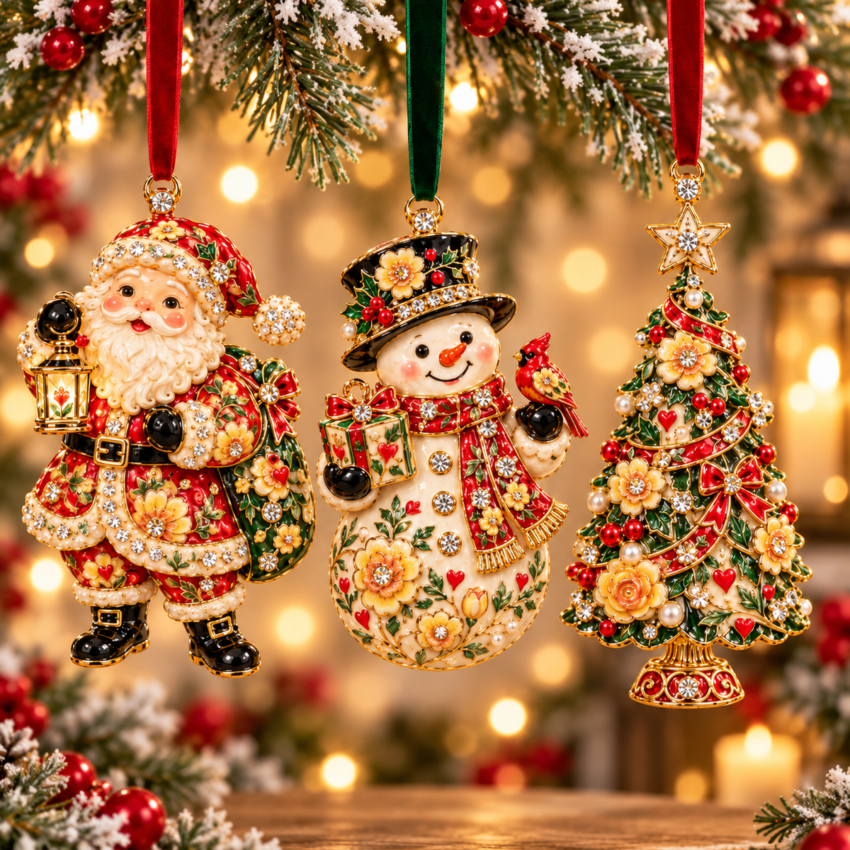 🎄 Jeweled Christmas Trio™ – Santa, Snowman & Christmas Tree Enamel Ornament Set of 3