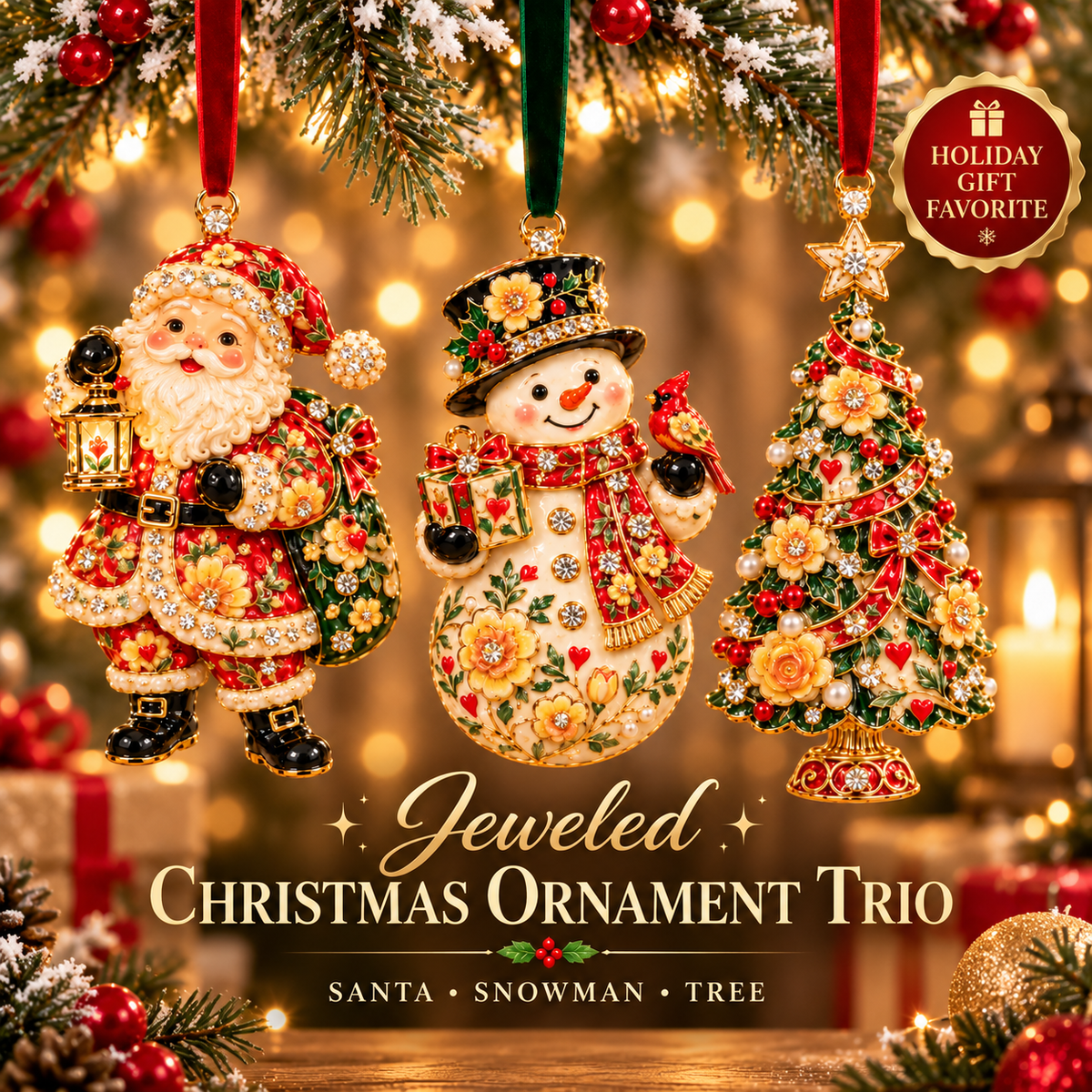🎄 Jeweled Christmas Trio™ – Santa, Snowman & Christmas Tree Enamel Ornament Set of 3