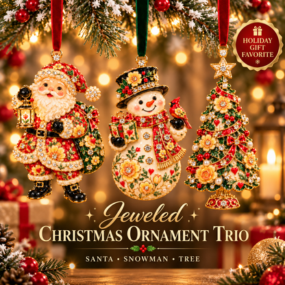 🎄 Jeweled Christmas Trio™ – Santa, Snowman & Christmas Tree Enamel Ornament Set of 3