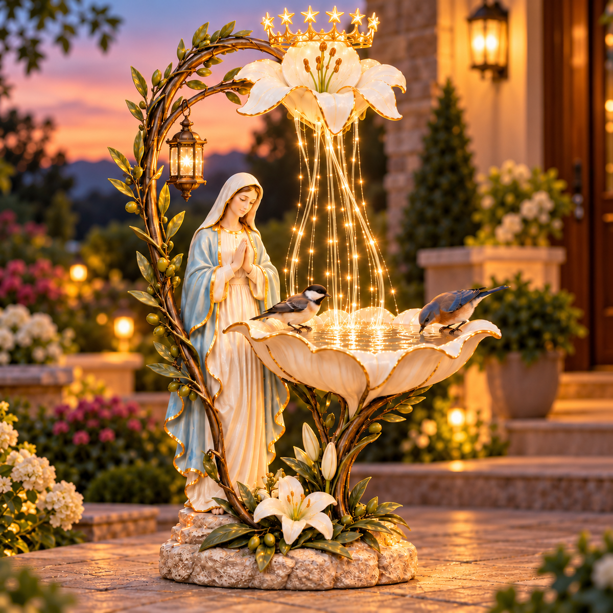 Blessed Mother Lilyfall™ – Lighted Marian Garden Birdbath with Cascading LED Glow