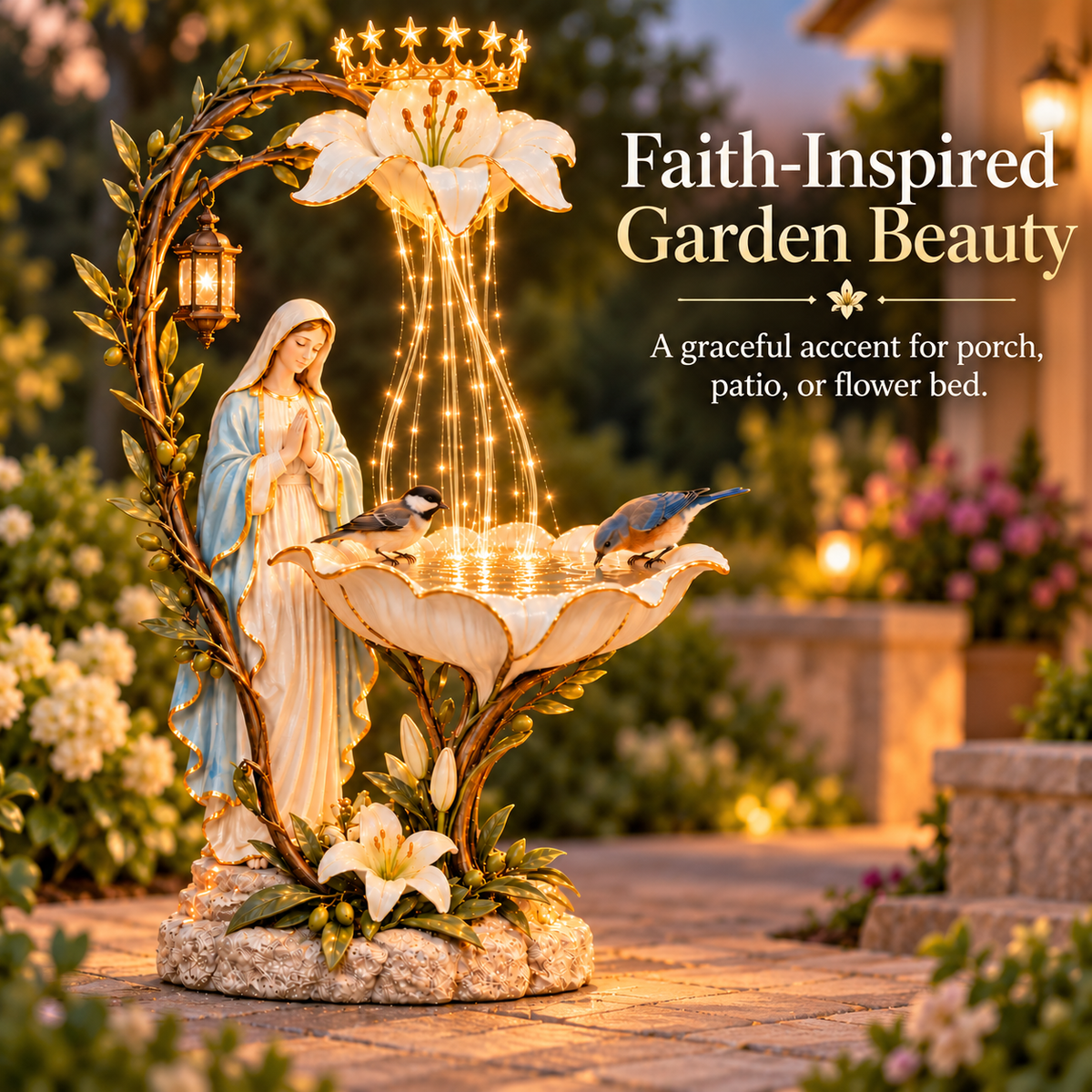 Blessed Mother Lilyfall™ – Lighted Marian Garden Birdbath with Cascading LED Glow