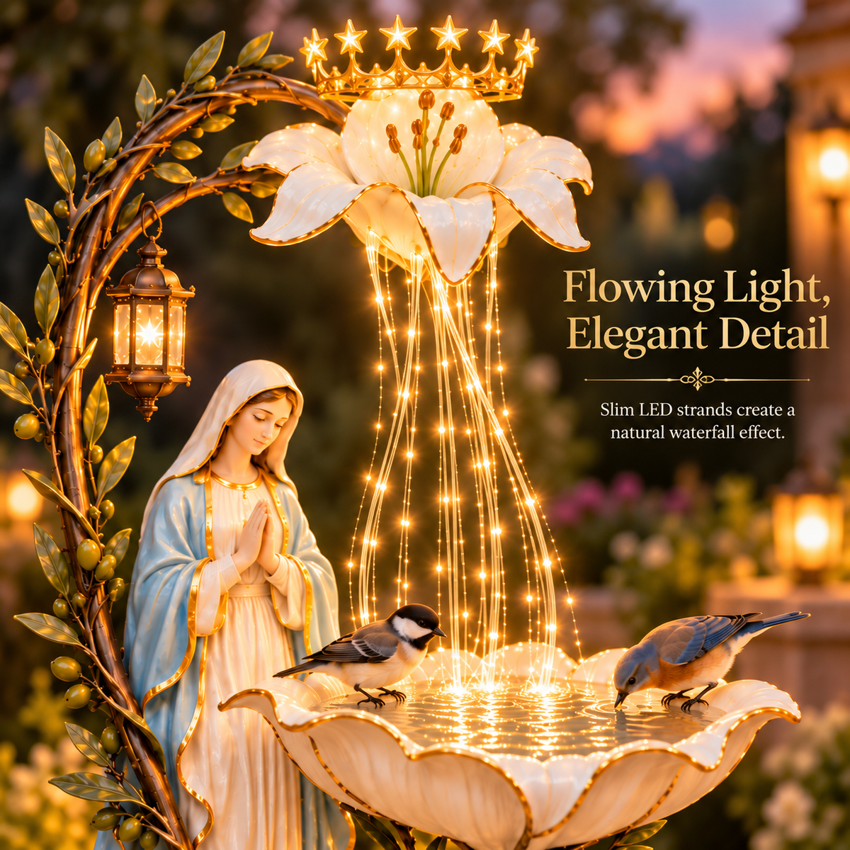 Blessed Mother Lilyfall™ – Lighted Marian Garden Birdbath with Cascading LED Glow