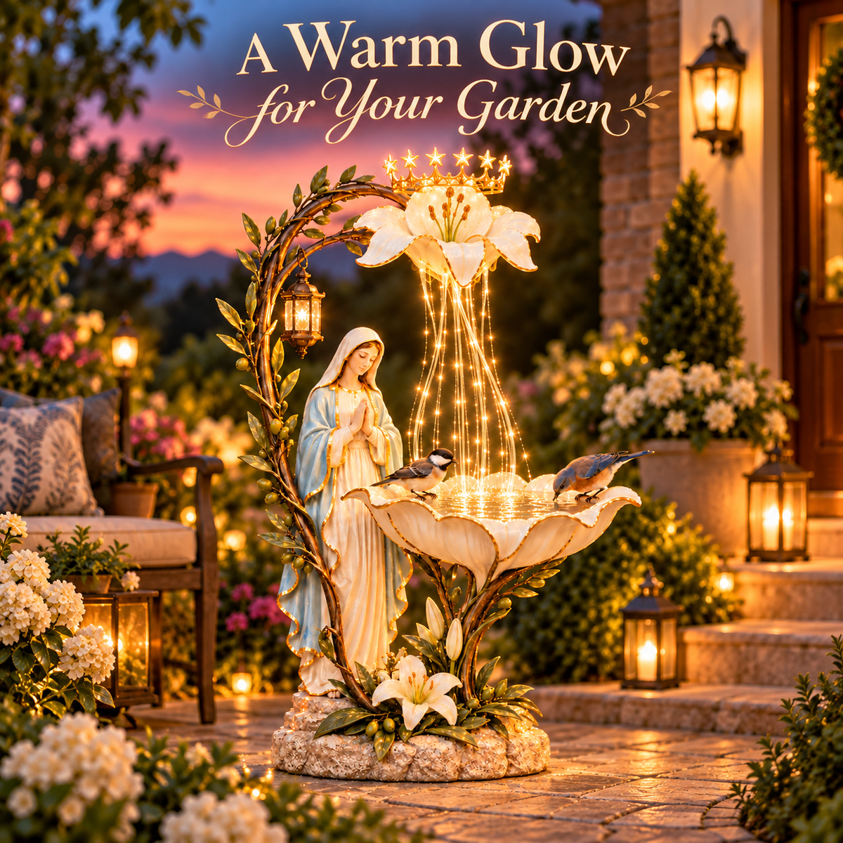 Blessed Mother Lilyfall™ – Lighted Marian Garden Birdbath with Cascading LED Glow
