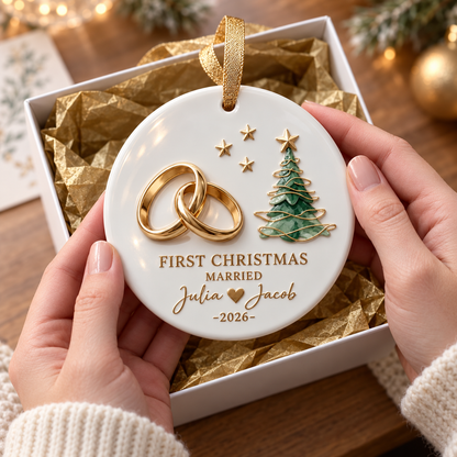 💍 Our First Christmas Married™ – Personalized Wedding Keepsake Ornament with Gold Marker