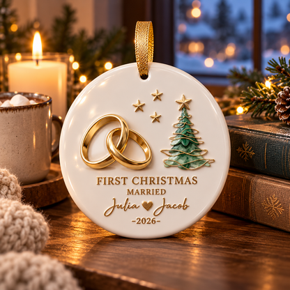 💍 Our First Christmas Married™ – Personalized Wedding Keepsake Ornament with Gold Marker