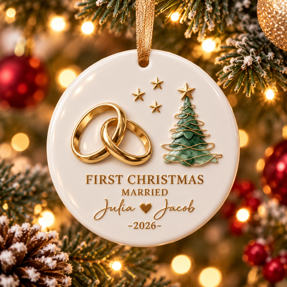💍 Our First Christmas Married™ – Personalized Wedding Keepsake Ornament with Gold Marker