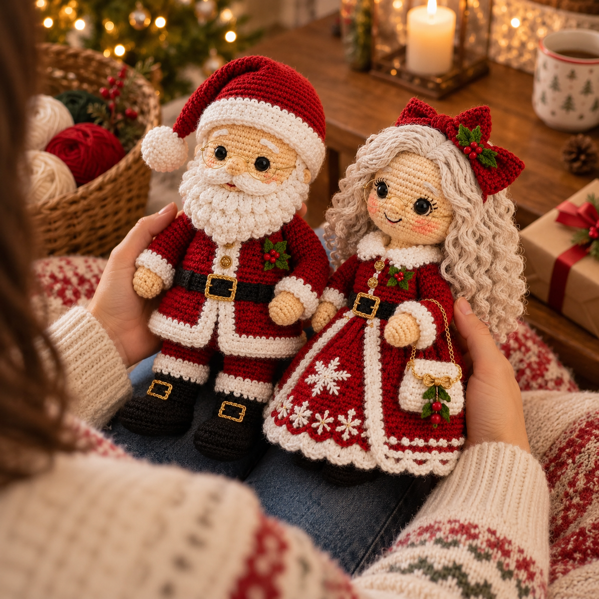 Woman holding finished Santa and Mrs Claus crochet project