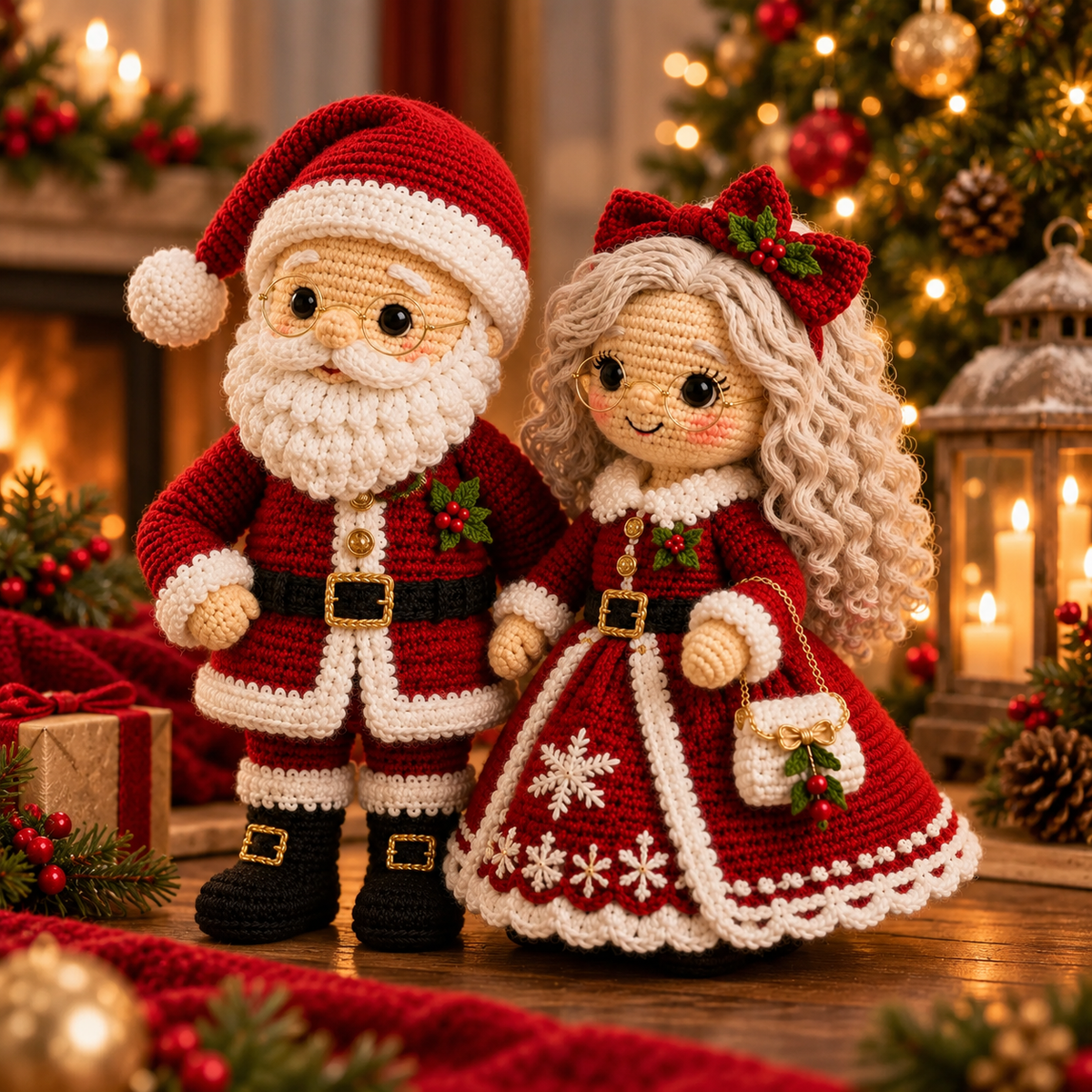 Santa and Mrs Claus crochet decoration near Christmas tree