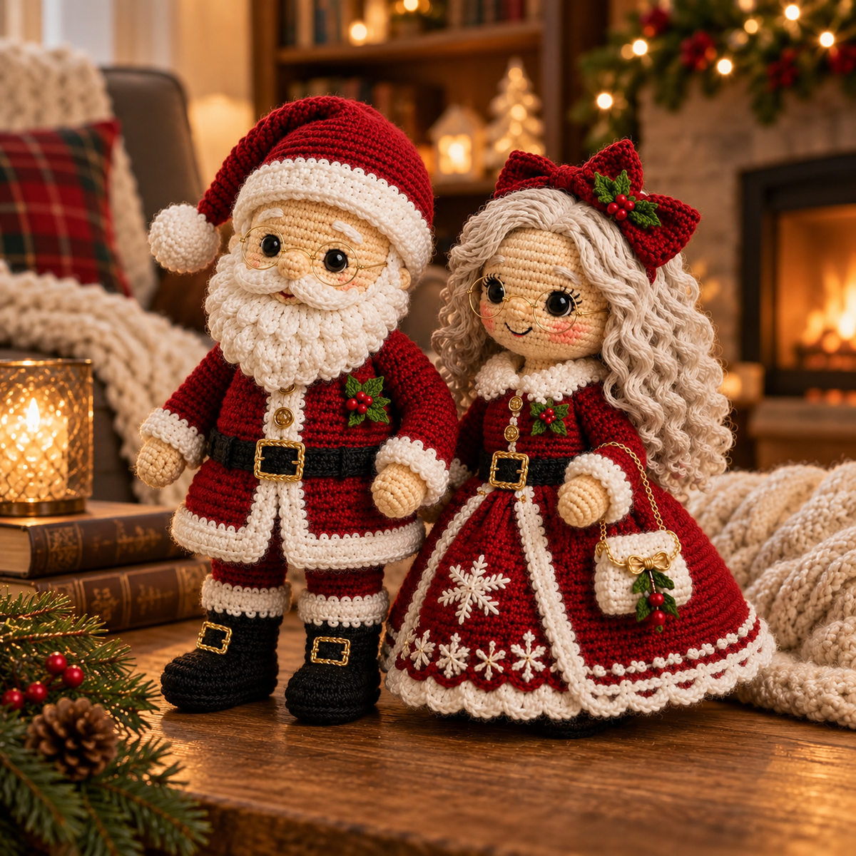 Finished Santa and Mrs Claus displayed by Christmas fireplace