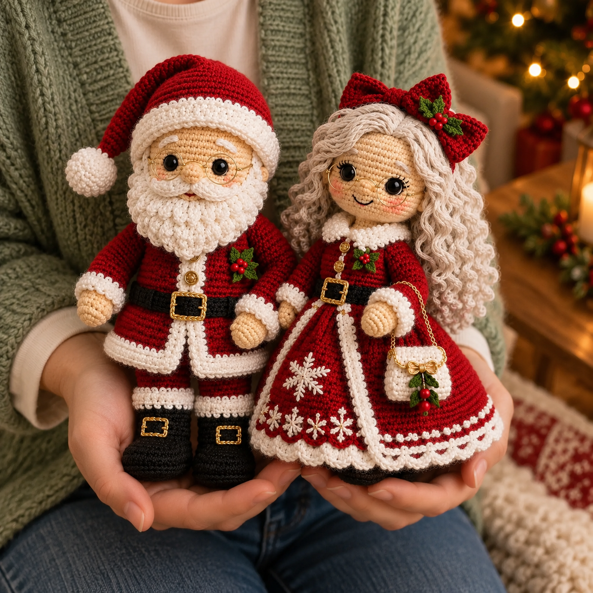 Woman holding Santa and Mrs Claus handmade crochet characters