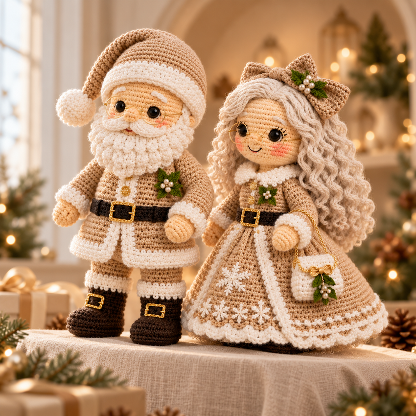 White neutral Santa and Mrs Claus crochet project