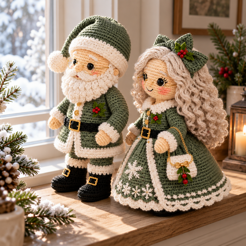 Light green Santa and Mrs Claus crochet project