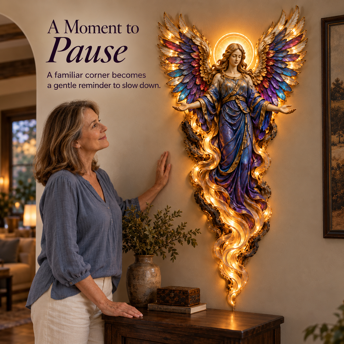 Full view of illuminated archangel wall sculpture