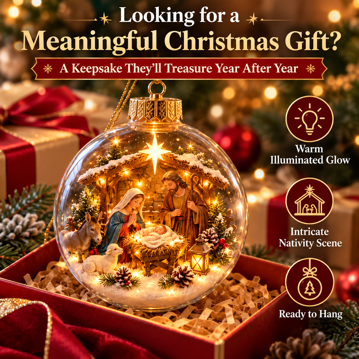 ✨ Lighted Nativity Scene Christmas Ornament – 3D Holy Family Keepsake, Christian Tree Decor & Meaningful Religious Gift