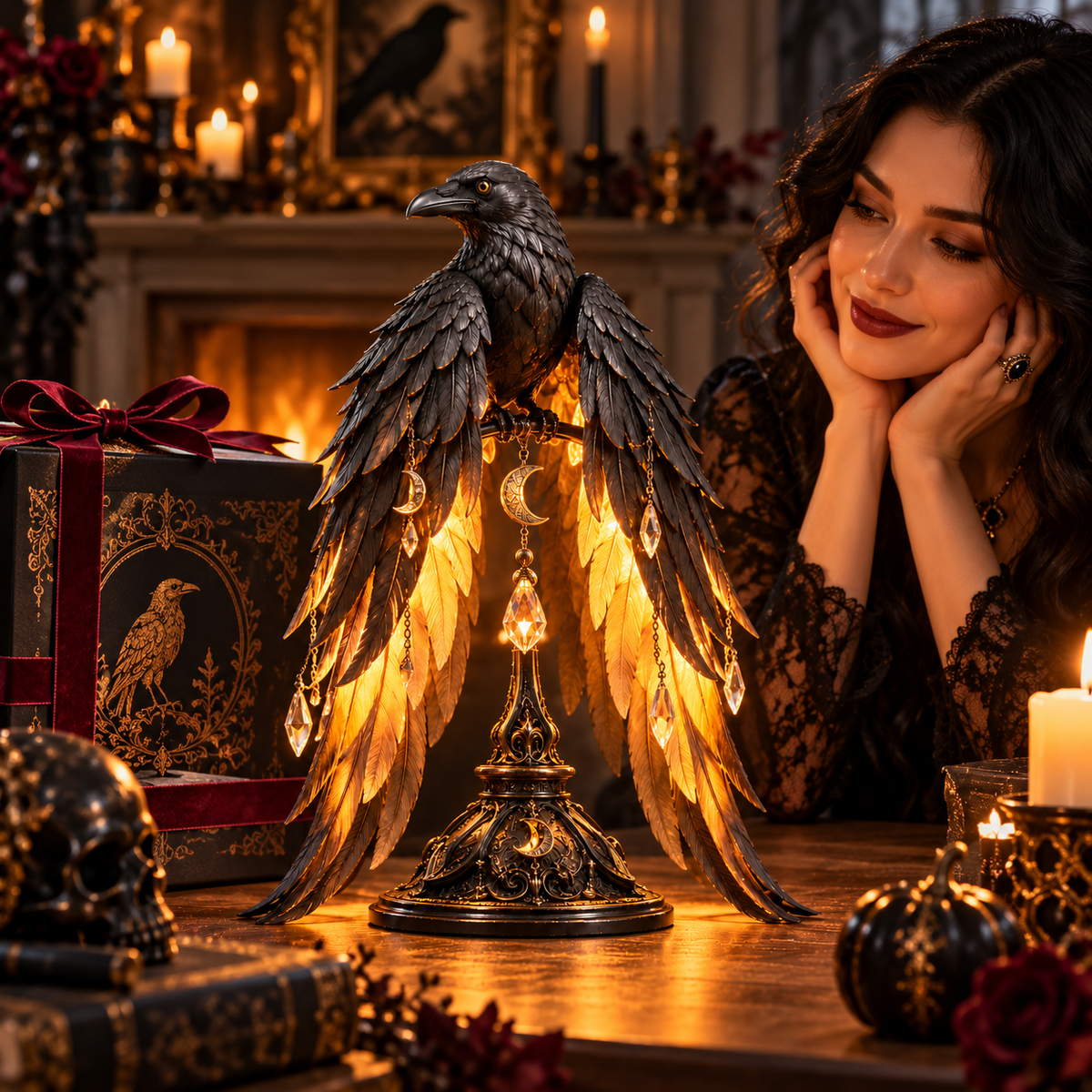 Ravenwing Nocturne™ – Illuminated Gothic Raven Table Lamp