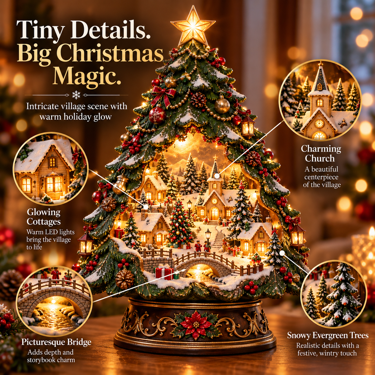 Detailed hidden Christmas village inside tree decor