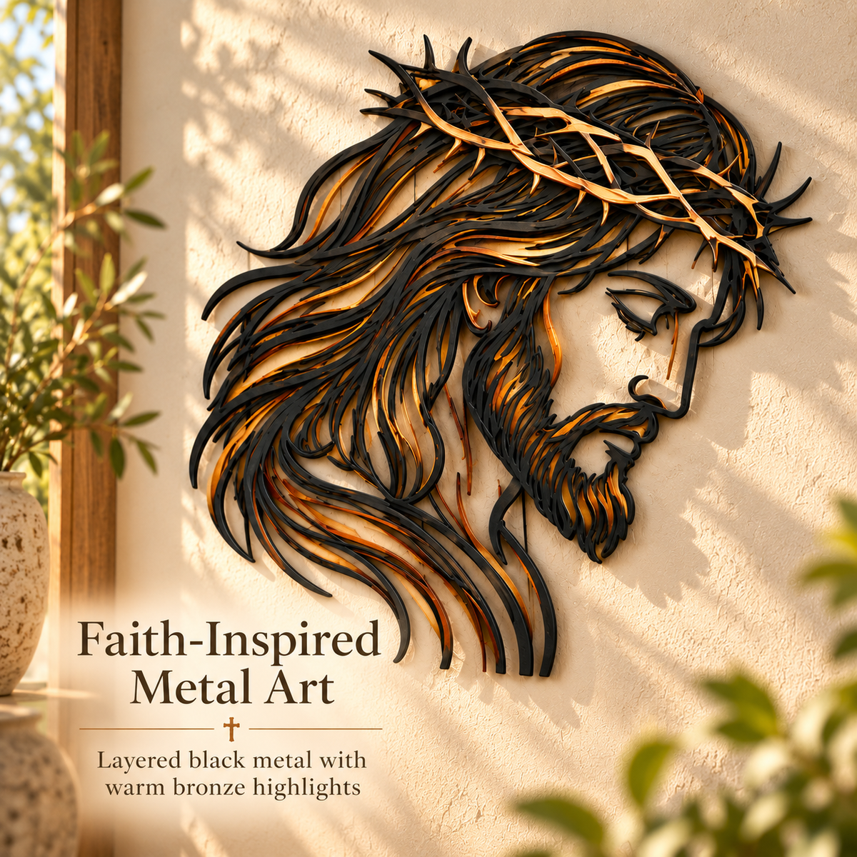 Faith inspired black and bronze Jesus wall art