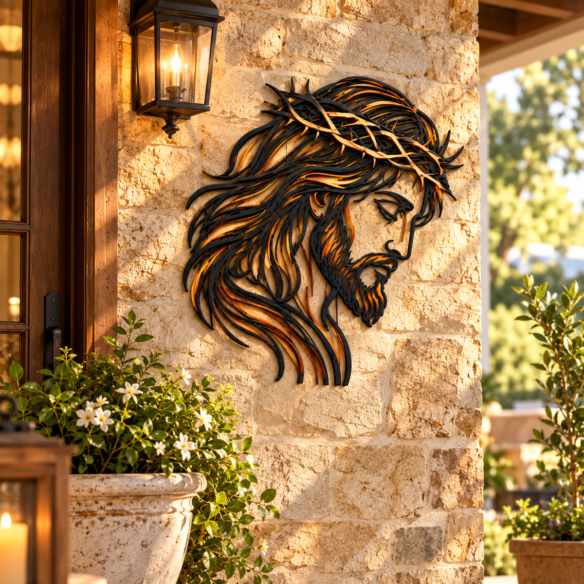 Jesus metal wall art on covered porch