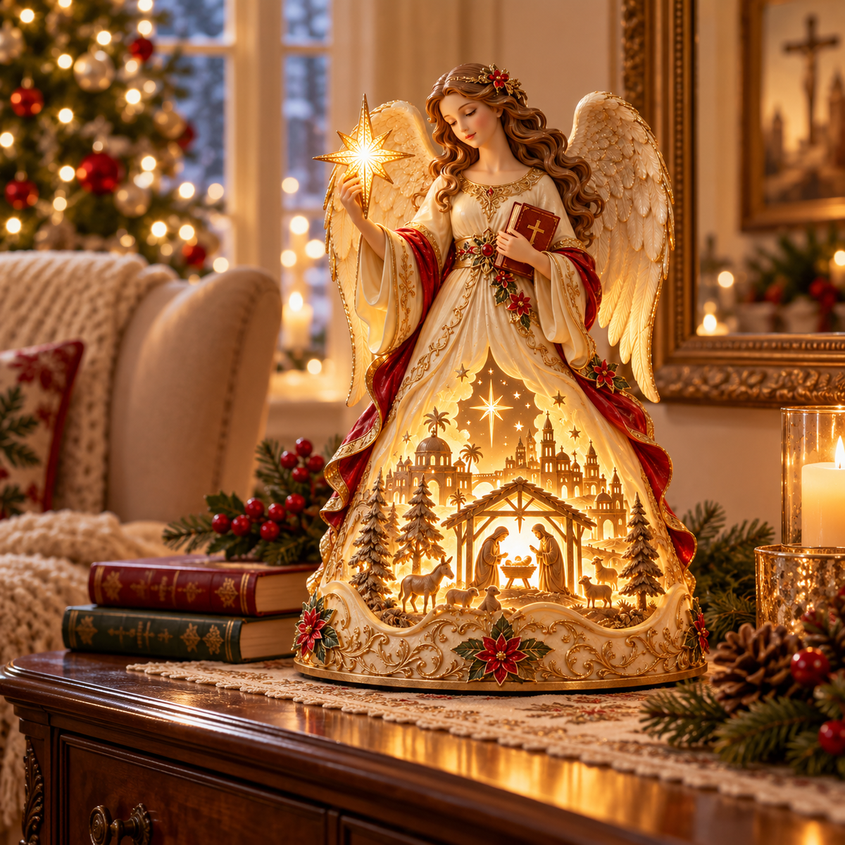 Angel of Bethlehem Glow displayed in Christmas living room