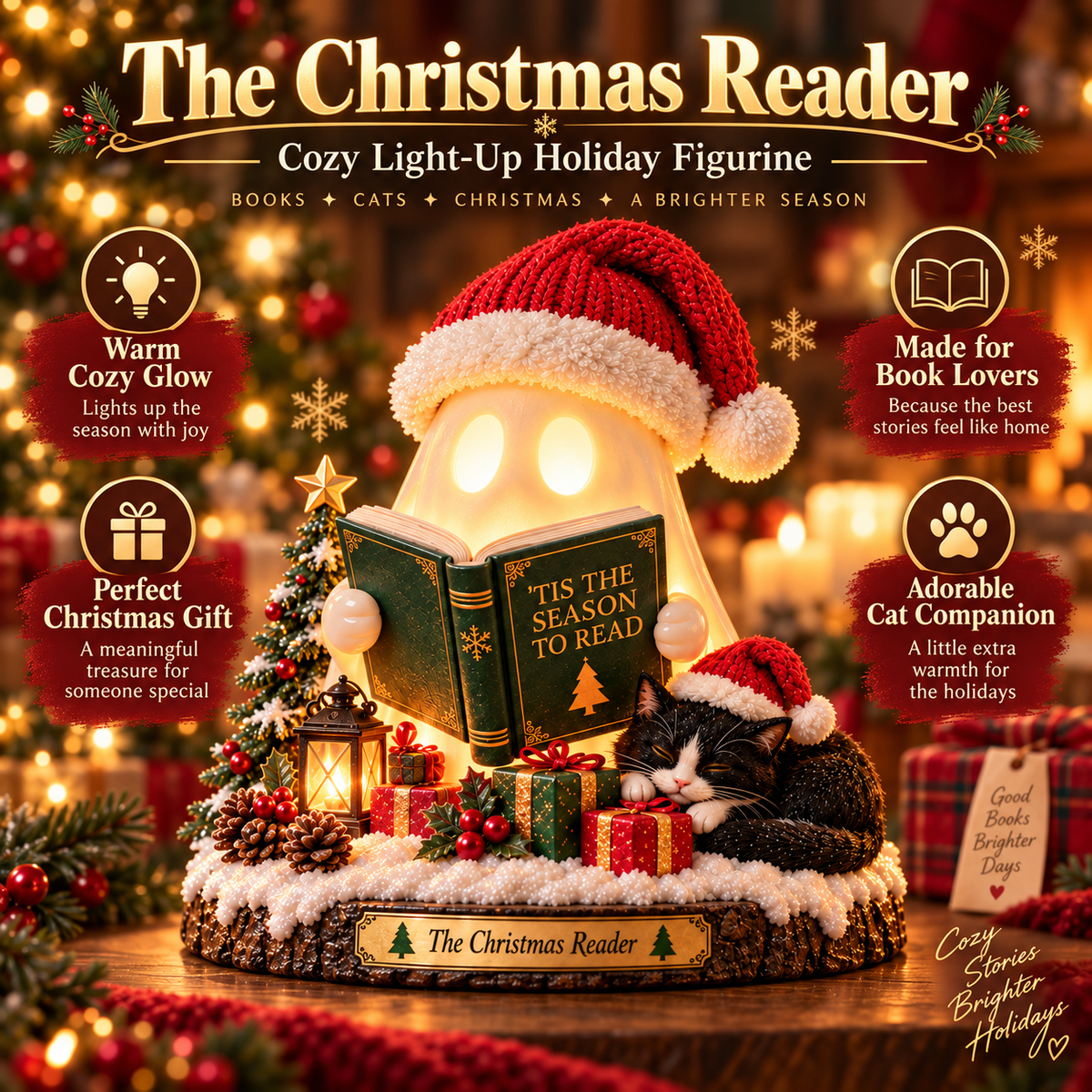 🎄 The Christmas Reader™ – Light-Up Ghost & Cat Reading Figurine